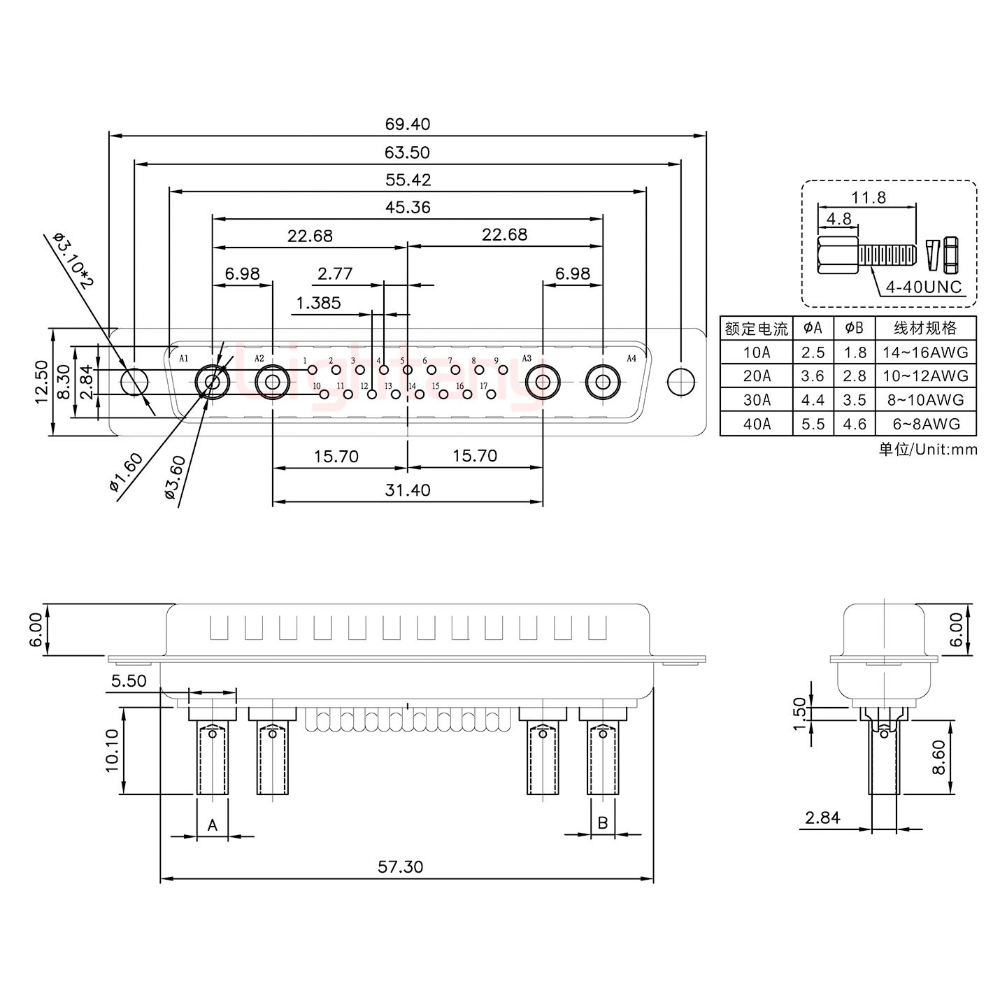 21W4公壓線式/配螺絲螺母/大電流40A