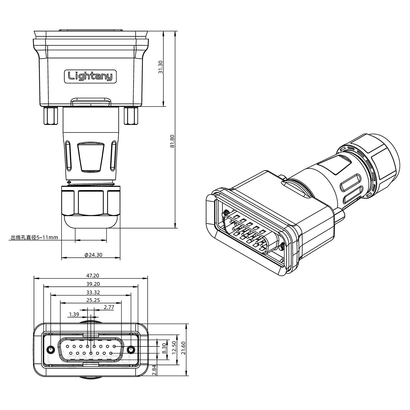 DB15公頭焊線+防水直式接頭 線徑5~11mm